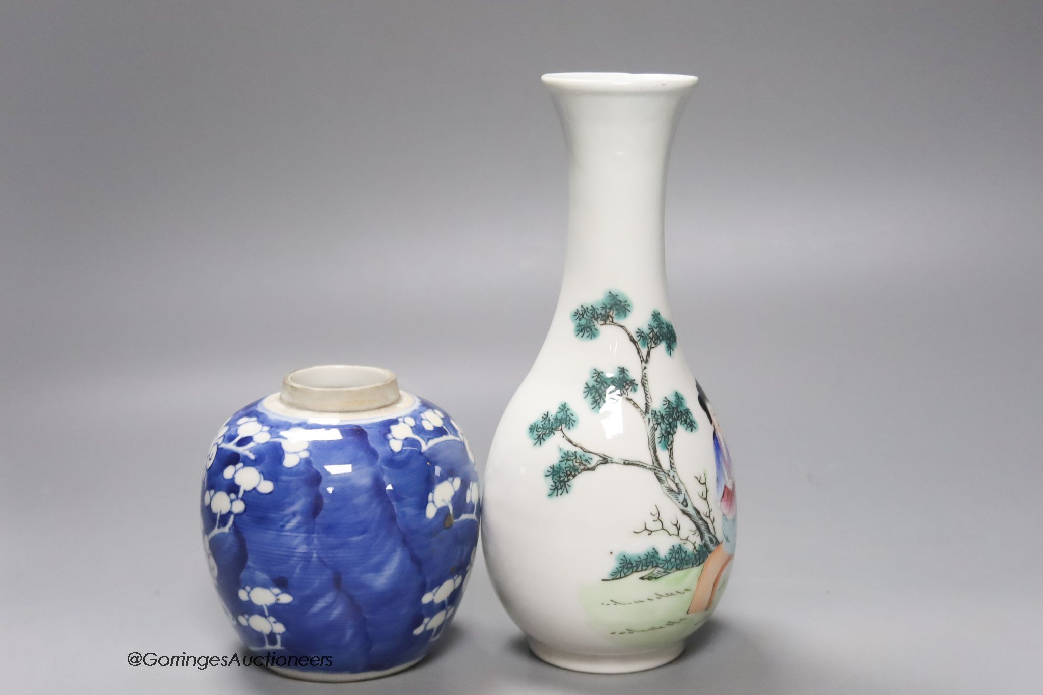 A Chinese Republic vase and a blue and white prunus jar, tallest 22cm